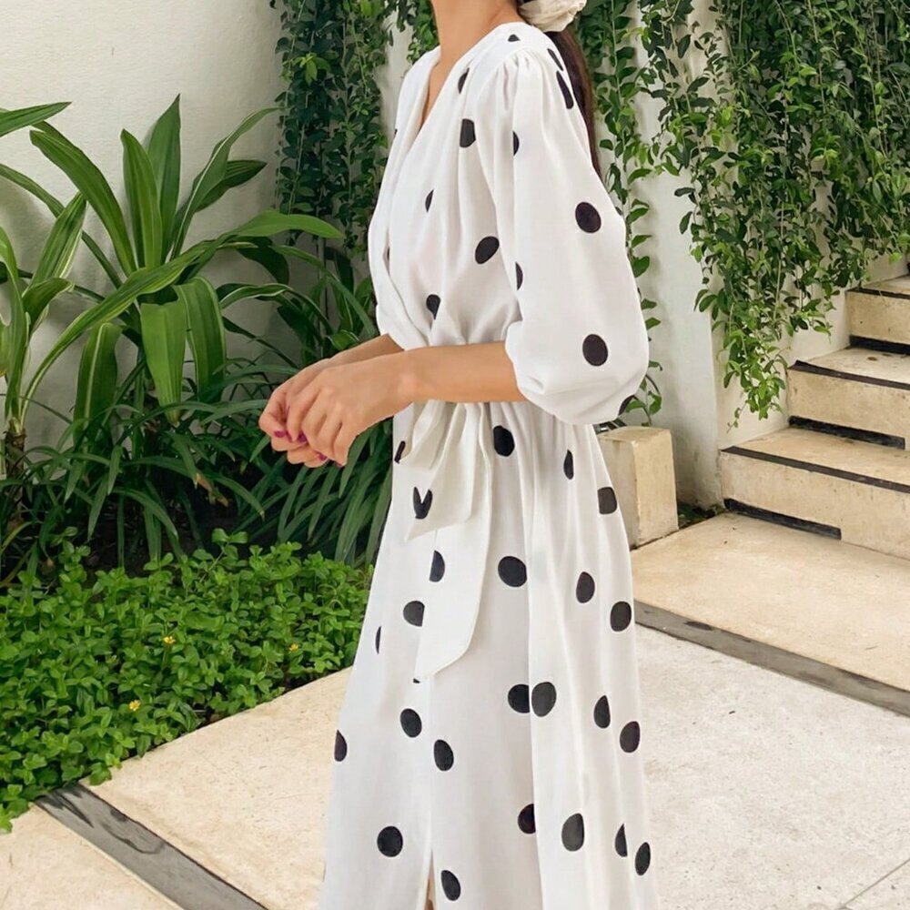 White Casual Women's Polka Dot Print V Neck Wrap Dress With Lantern Sleeve - Picture 5 of 6